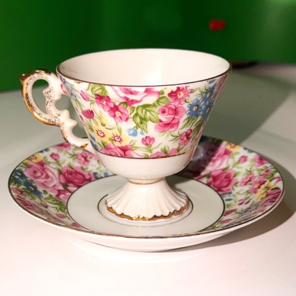VTG Chintz Floral Pedestal Demitasse Cup Saucer Gold Gilt Unmarked Shabby Chic